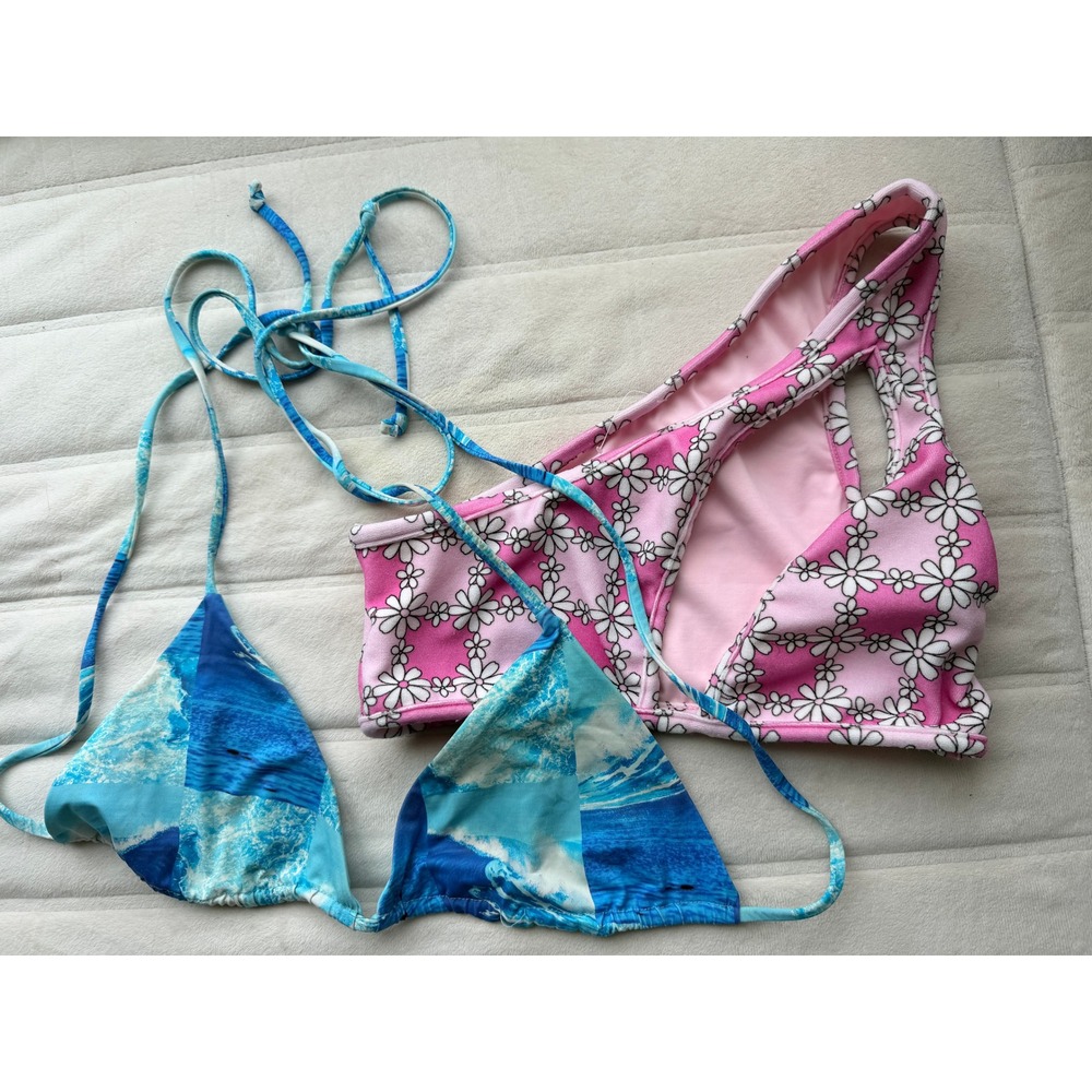 Frankies Bikinis LOT 2 TOPS S & M Pink Daisy 1 Shouldr + Blu Wave Triangle STEAL